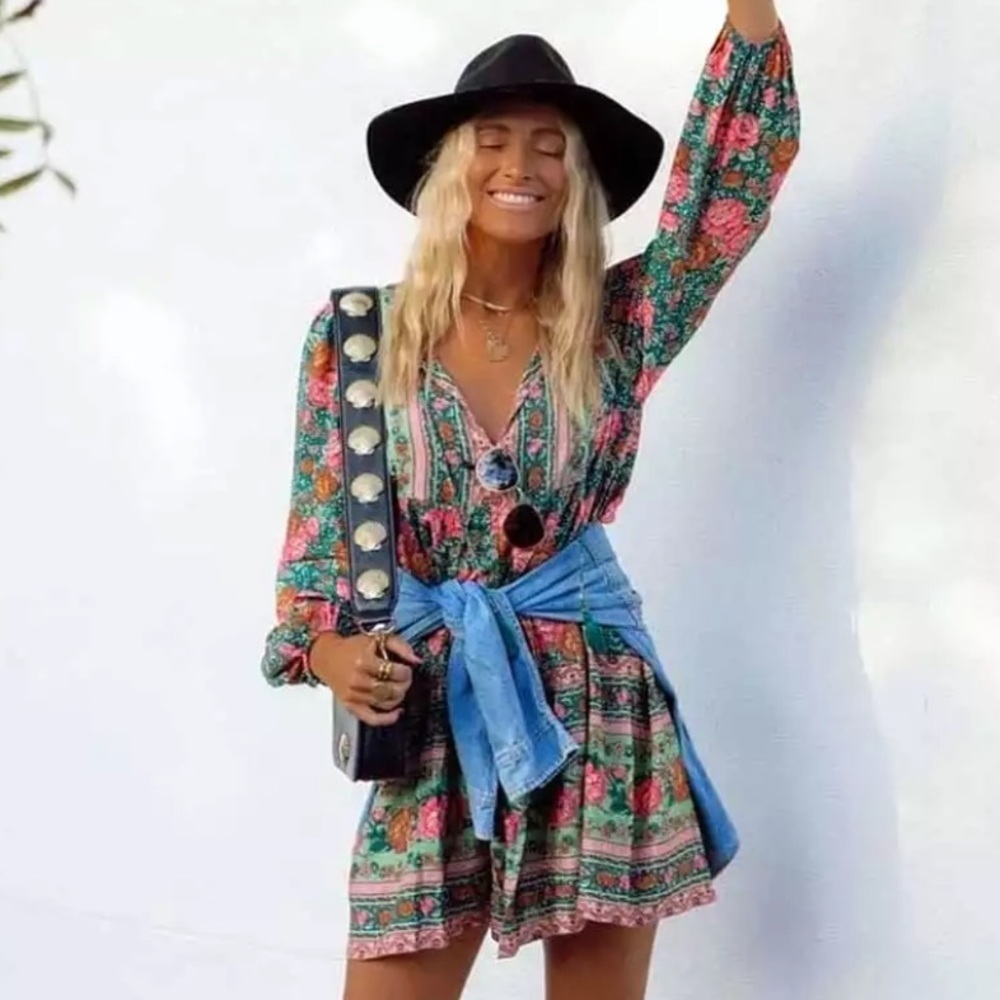 Floral Tassel Long Sleeve Boho Babydoll Mini Dress